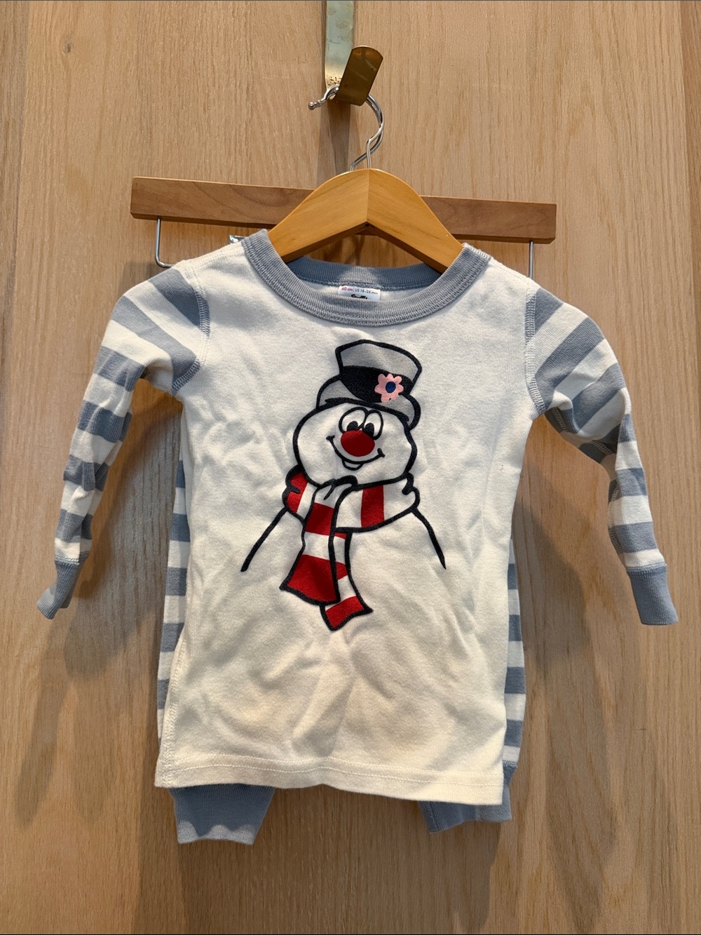 Hanna Andersson White Snowman Long-Sleeve Top with Light Blue Stripes